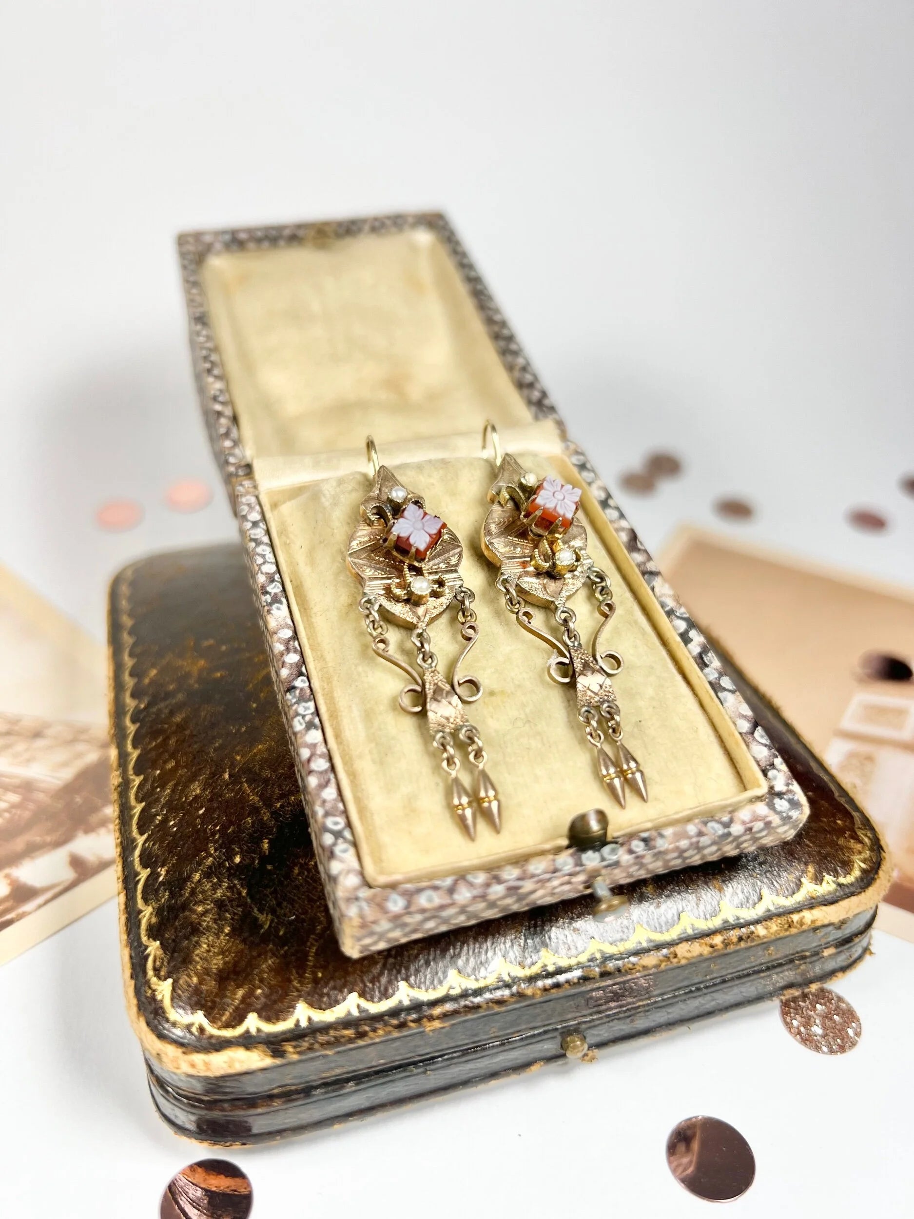 Antique 14ct Gold Edwardian Carved Sardonyx Cameo Earrings