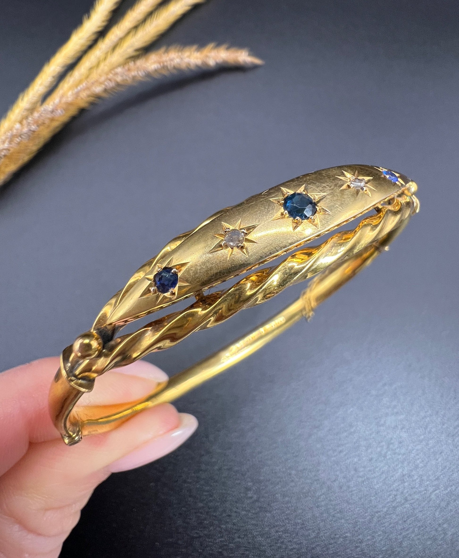 Antique 9 ct Yellow Gold, Edwardian Star Set Sapphire And Diamond Bangle