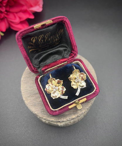 Vintage 18 Carat Yellow and White Gold Diamond Flower Earrings, Circa 1940