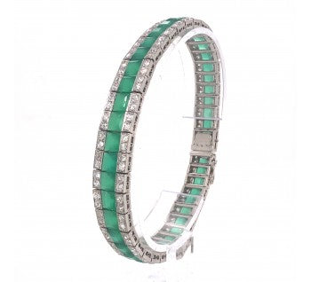 Art Deco Chrysoprase and Diamond Bracelet in Platinum, Circa 1935