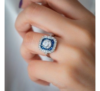 Antique Art Deco Sapphire Diamond and Platinum Ring, 1.30 carats