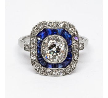 Antique Art Deco Sapphire Diamond and Platinum Ring, 1.30 carats
