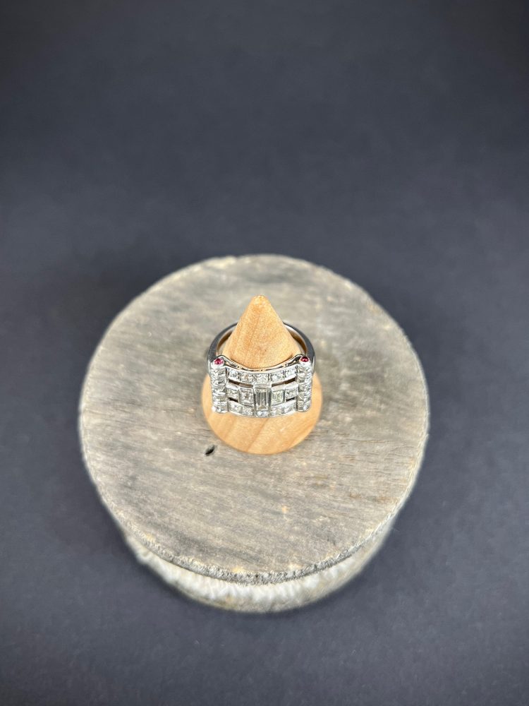 Vintage Diamond And Ruby Buckle Style Cocktail Ring In Platinum