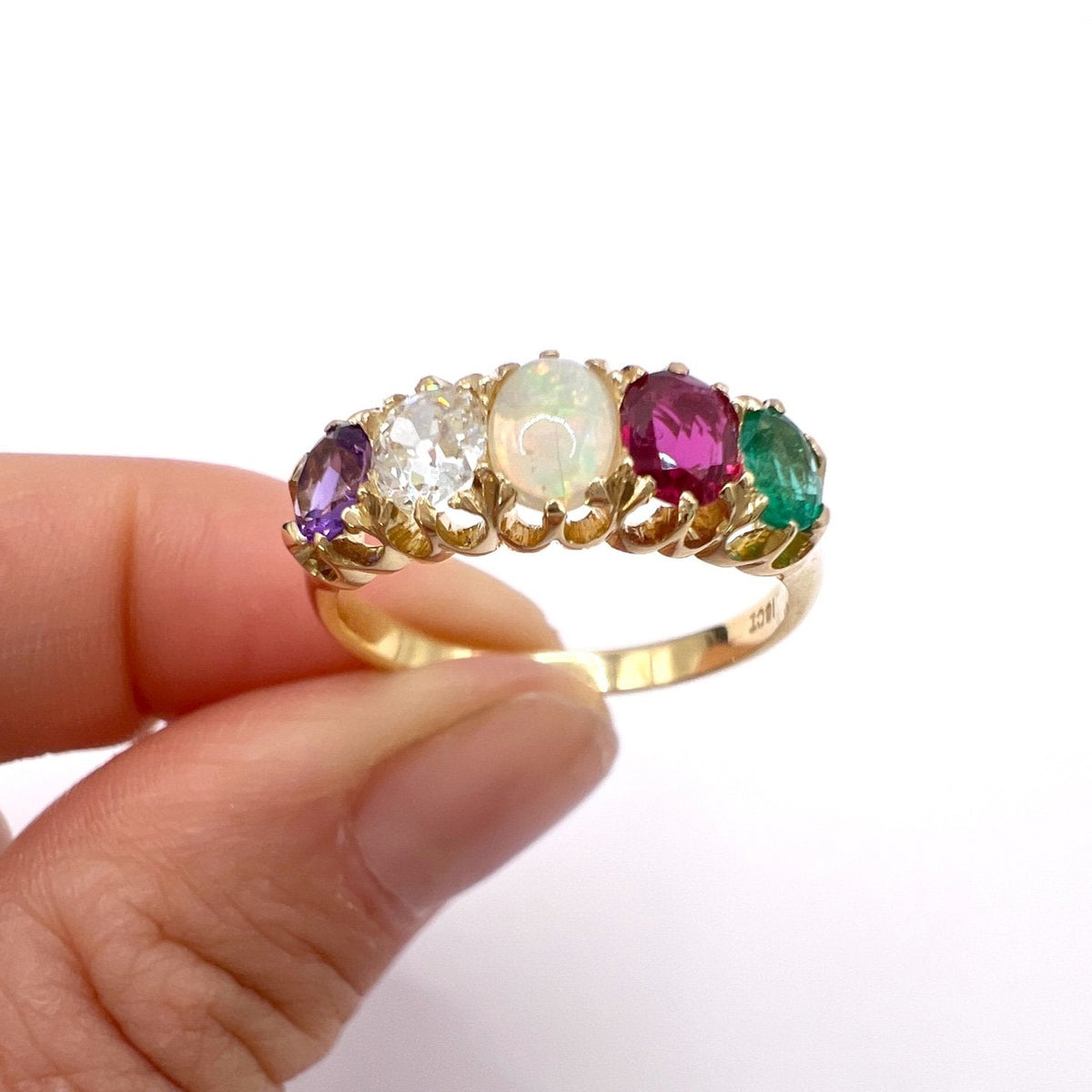 Antique Victorian ADORE Acrostic Ring 18ct Gold with Amethyst Diamond Opal Ruby Emerald