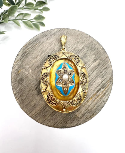 Antique 15 Carat Yellow Gold Locket/Pendant With Enamel And Gemstones
