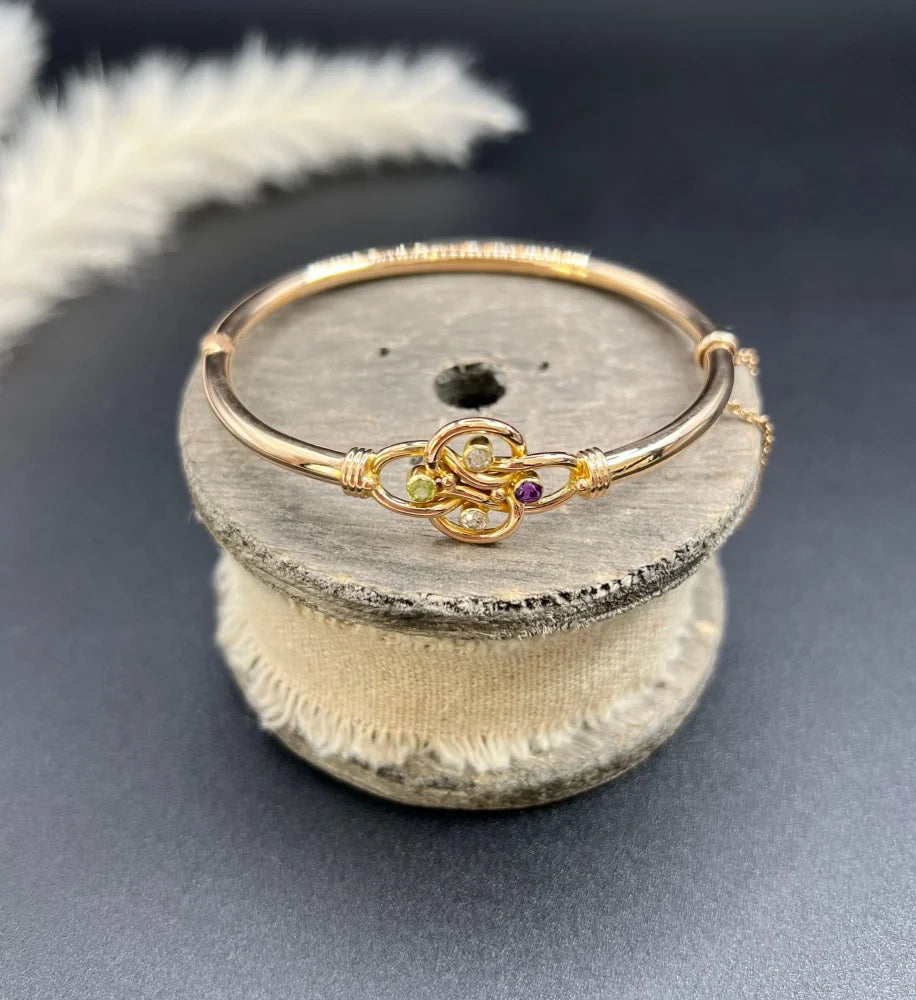 Antique 15 Carat Yellow Gold Suffragette Bangle With Gemstones