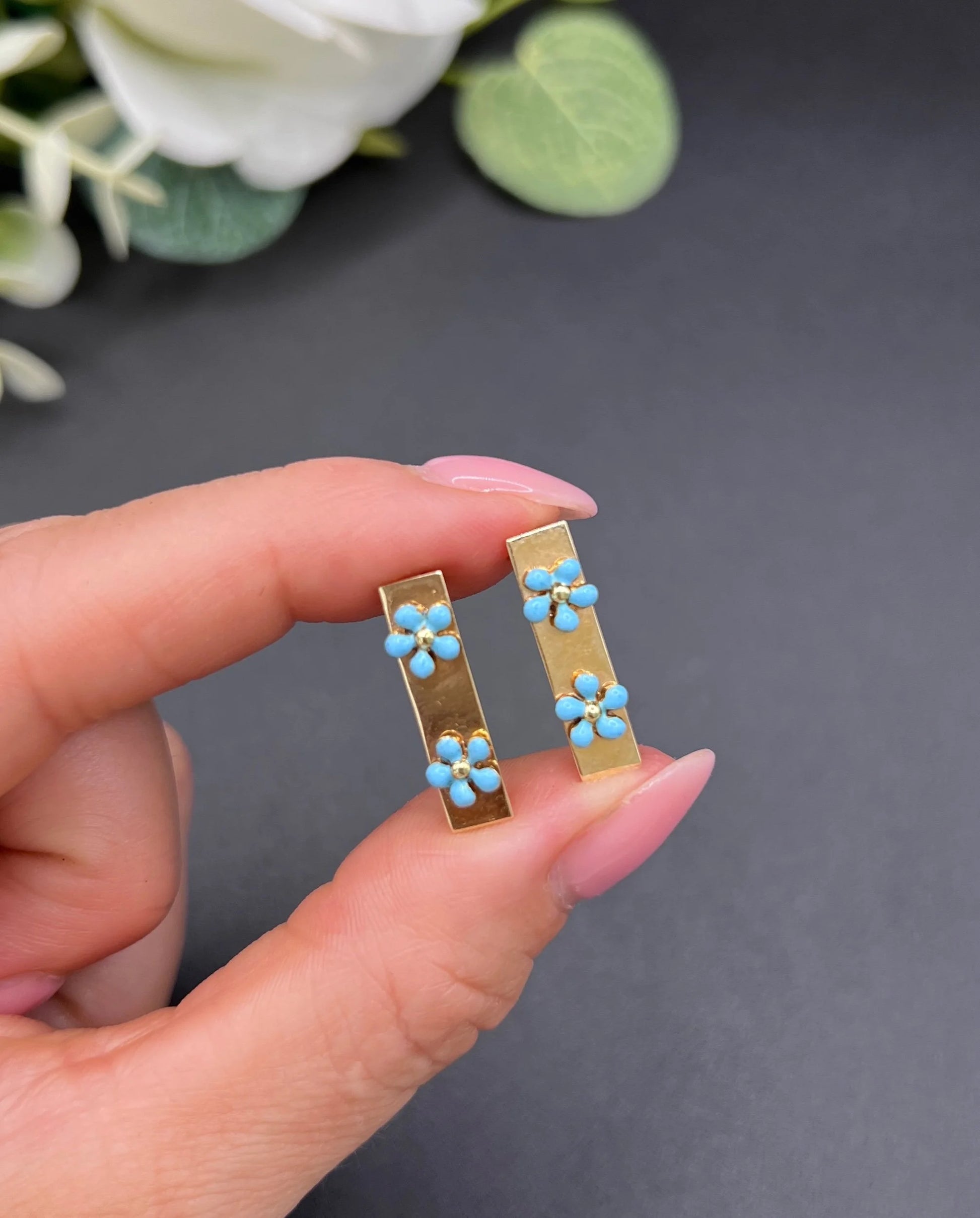 Antique 14 ct Gold, 1920's Cartier Turquoise Enamel Forget Me Not Collar Pins