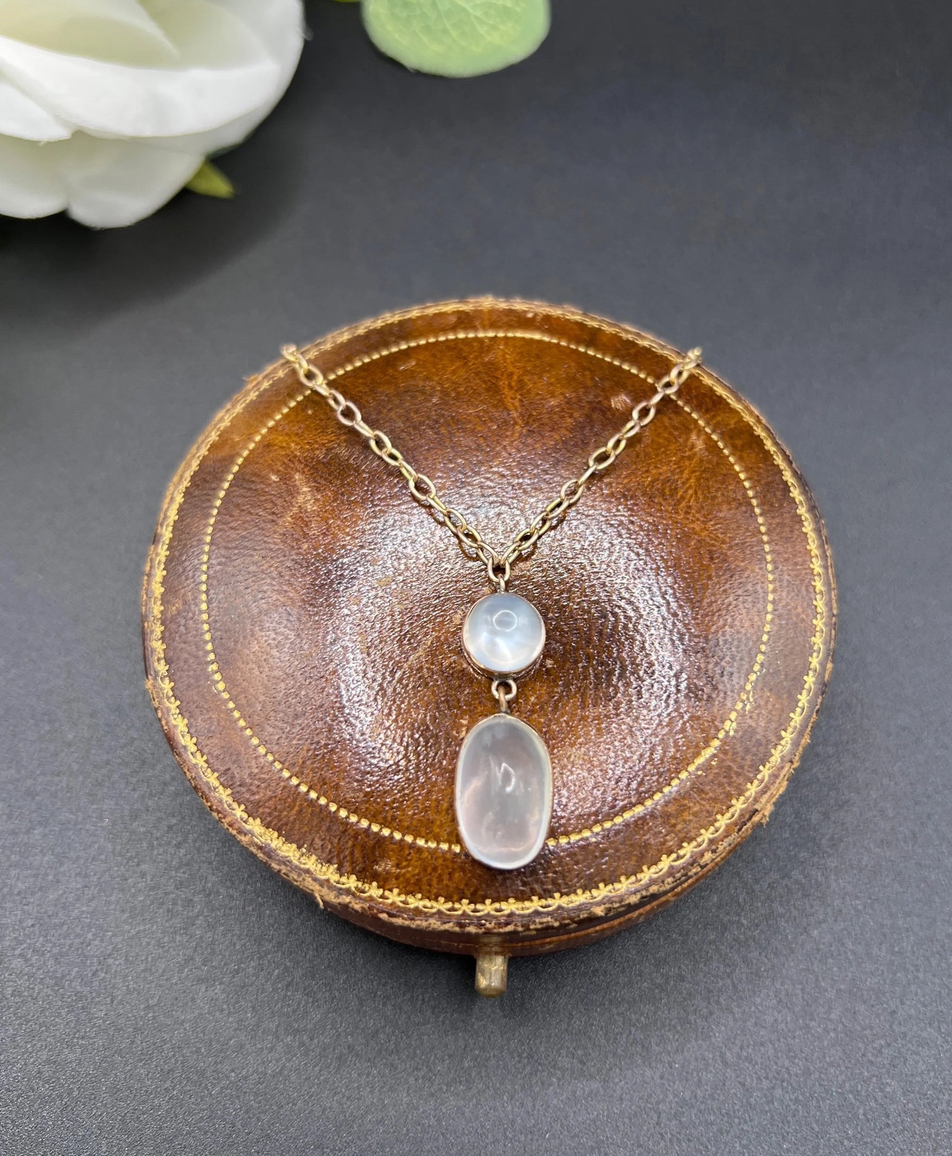Antique 9 ct Rose Gold, Edwardian Cabochon Moonstone Pendant Necklace