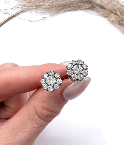 A pair of diamond daisy cluster stud earrings in yellow and white gold, held in a hand
