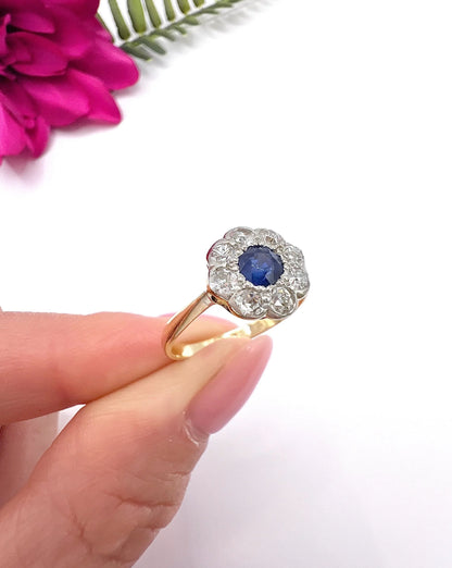 Antique 18 ct Yellow Gold And Platinum, Edwardian Sapphire And Diamond Daisy Cluster Ring