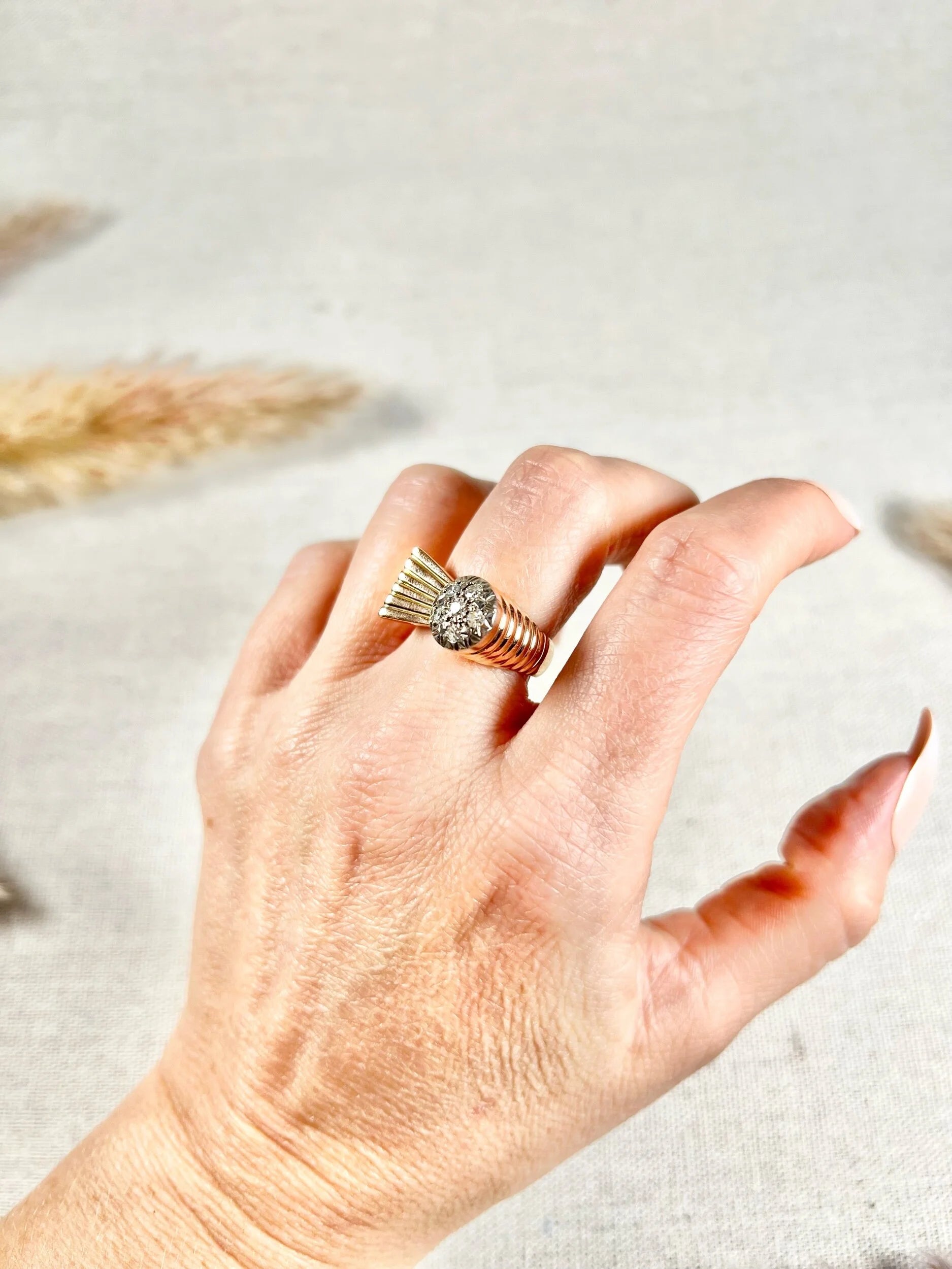 Vintage 18 Carat Rose Gold Diamond Bombé and Fan Cocktail Ring, Circa 1940
