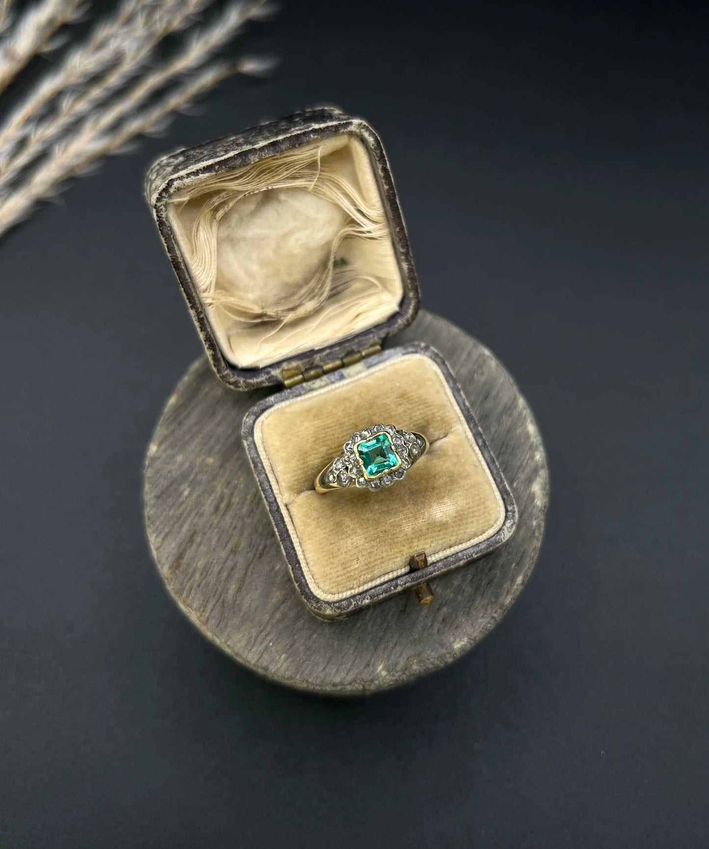 Victorian 18 Carat Yellow Gold Emerald and Diamond Square Cluster Ring, Circa 1860