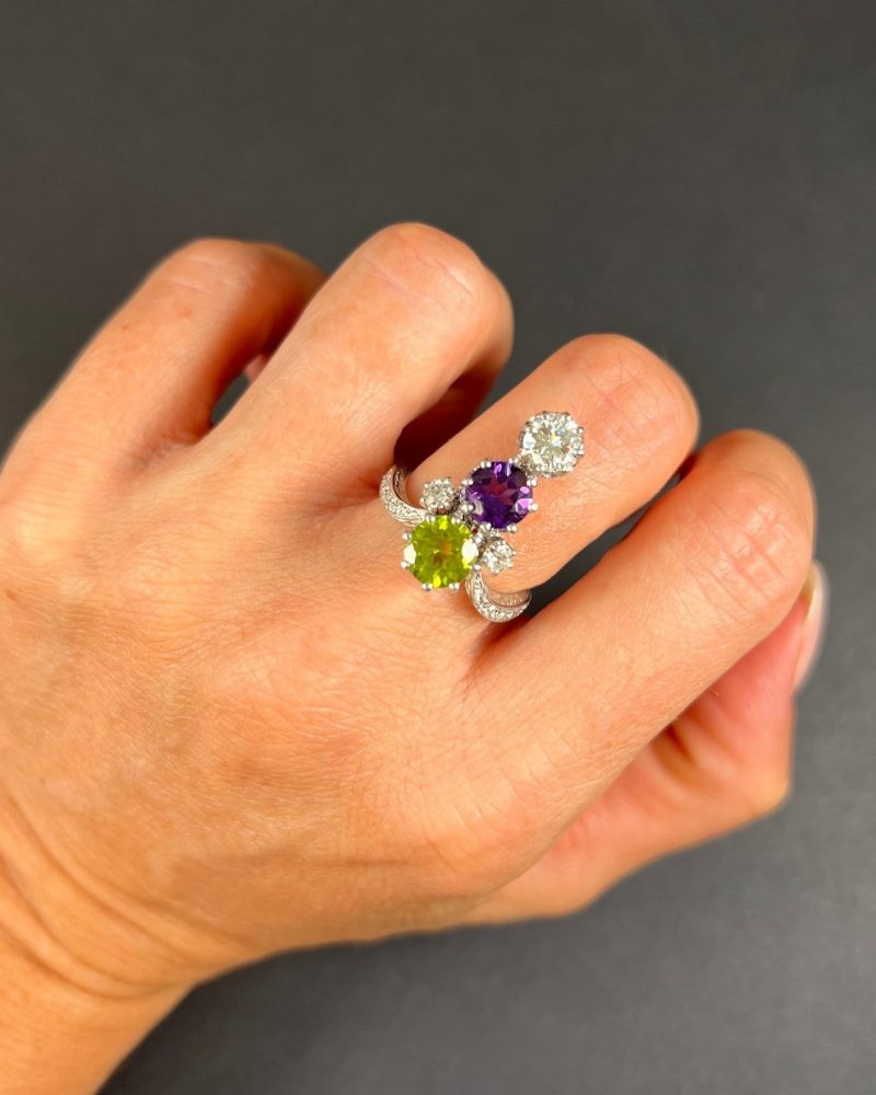 Edwardian Antique Suffragette Amethyst Peridot Diamond Ring