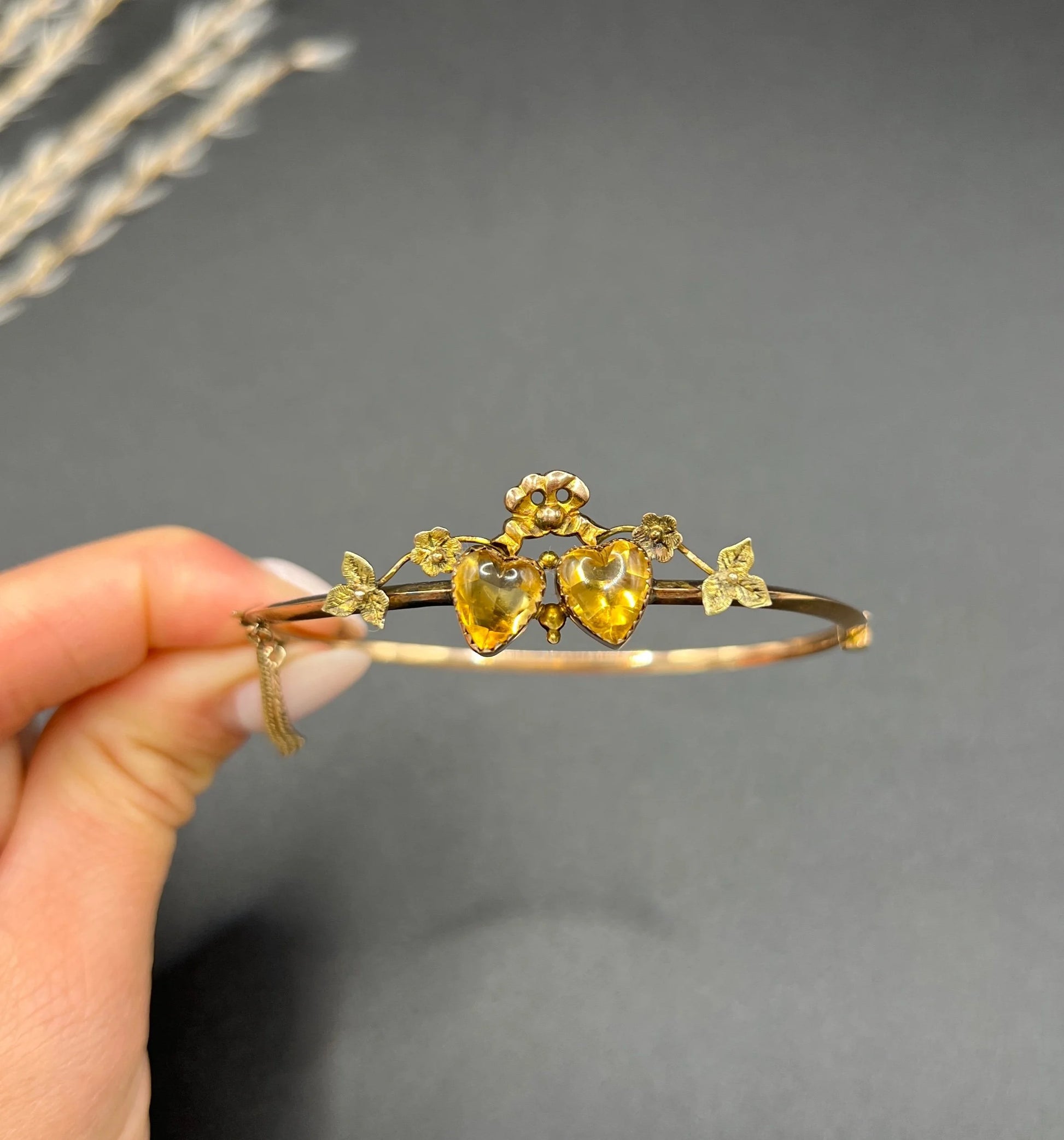 Antique 9 ct Gold Edwardian Citrine Heart, Knife Edge Bangle