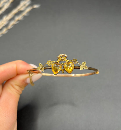 Antique 9 ct Gold Edwardian Citrine Heart, Knife Edge Bangle