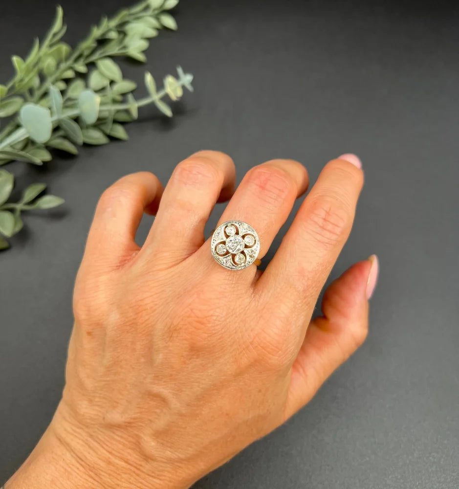Edwardian Antique Diamond Circular Compass Points Cluster Ring