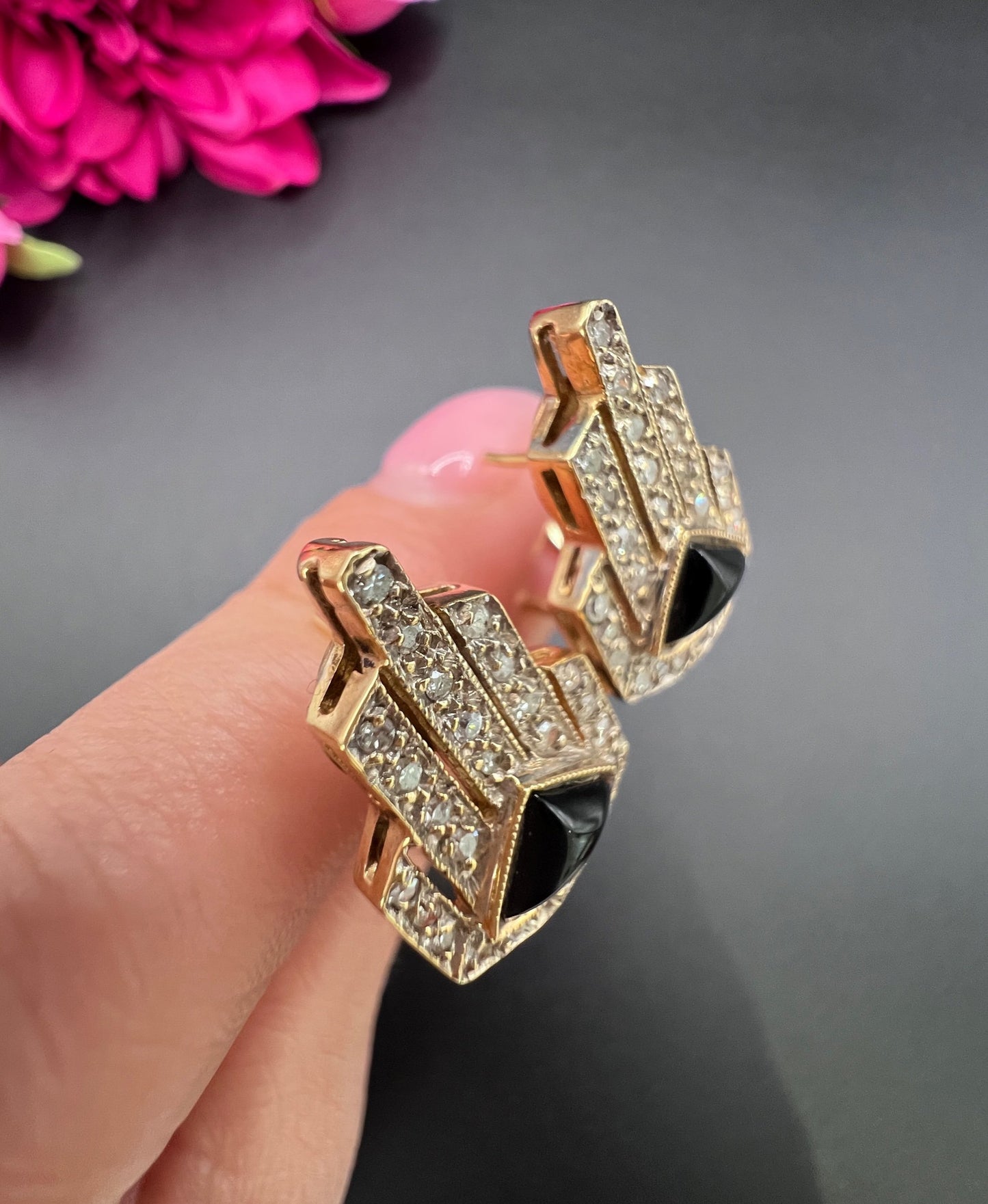 Vintage 14 ct Gold, Italian 1940's Art Deco Design, Diamond And Onyx Earrings