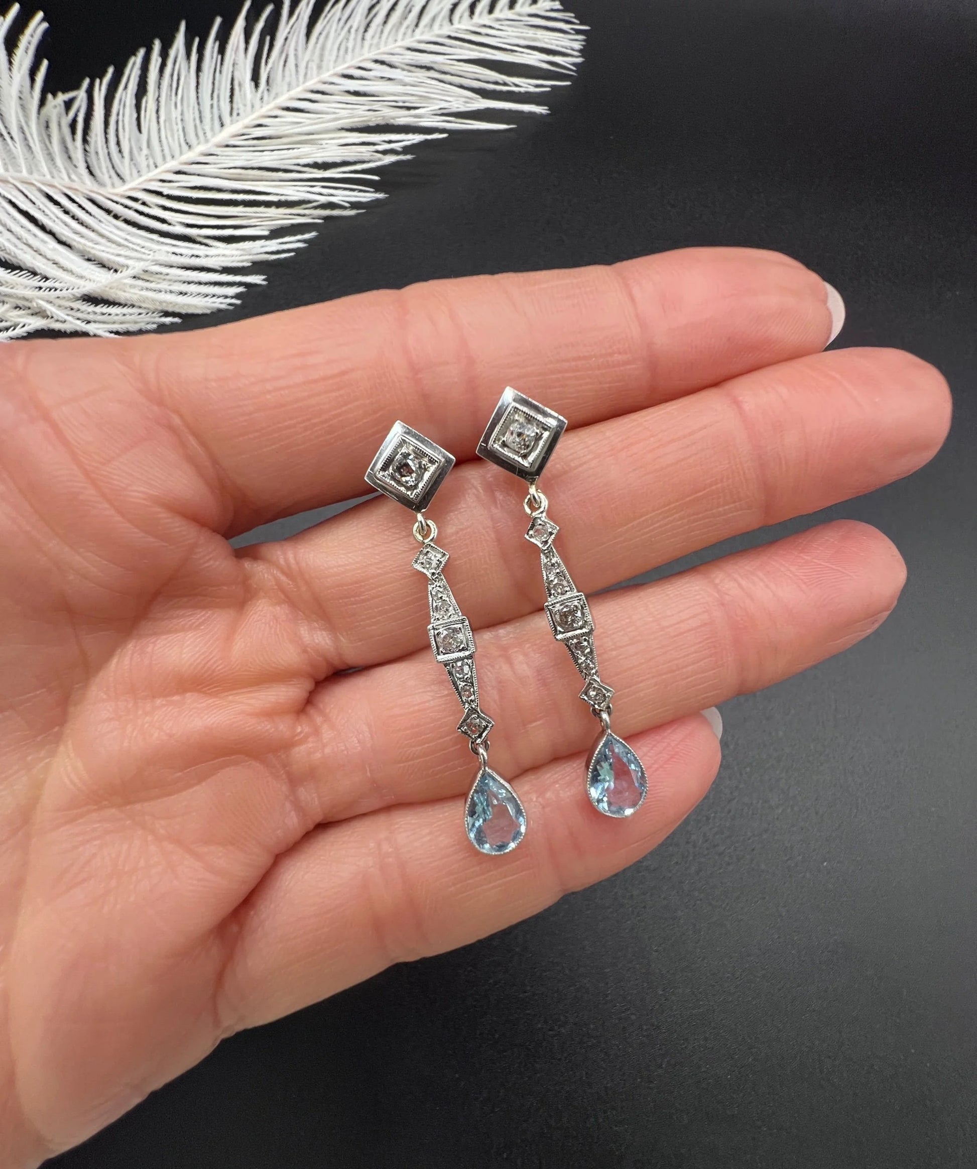 Art Deco 18 Carat Gold, Platinum, Aquamarine and Diamond Drop Earrings, Circa 1920