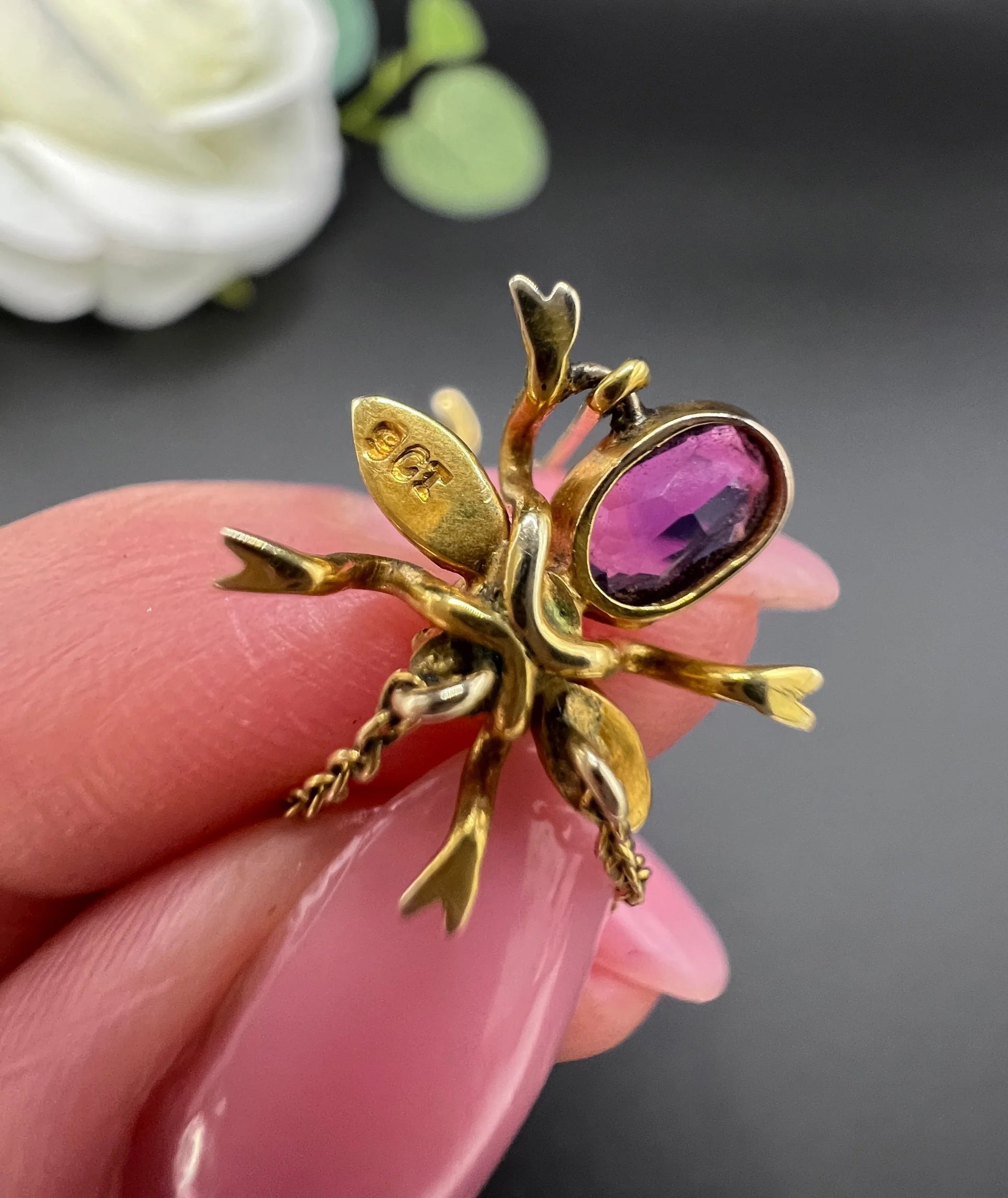 Antique 9 ct Gold, Edwardian Amethyst Spider And Fly Bug Pendant Necklace