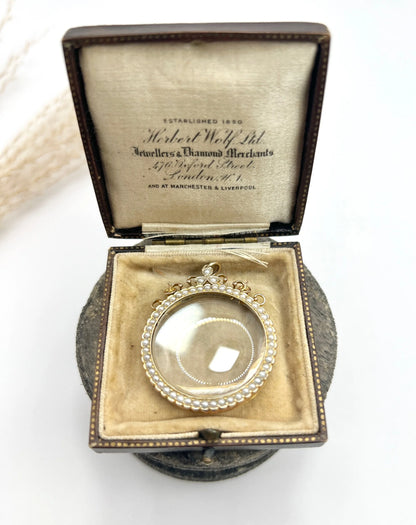 Antique 9 ct Rose Gold Stamped, Edwardian Seed Pearl Glass Locket Pendant
