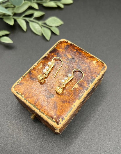 Antique 18ct Yellow Gold, 1920s Diamond & Pearl Drop Earrings, Occasion Jewellery, Bridal Jewellery