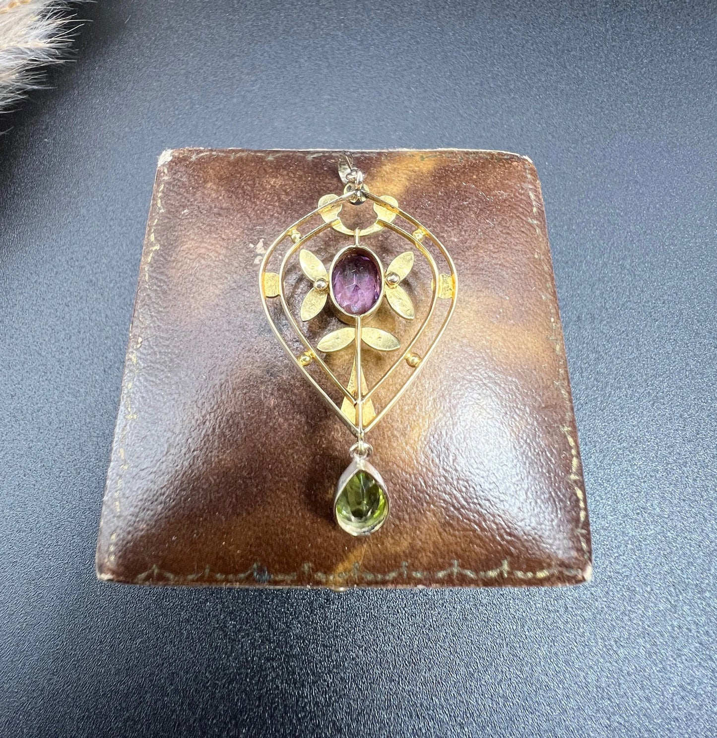 Antique 15 ct Gold Authentic Edwardian Suffragette Pendant set with Amethyst, Peridot And Seed Pearls
