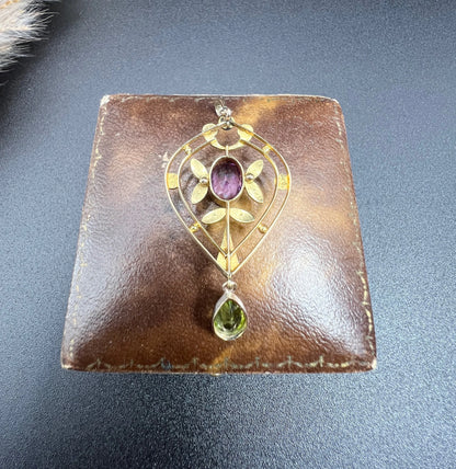 Antique 15 ct Gold Authentic Edwardian Suffragette Pendant set with Amethyst, Peridot And Seed Pearls