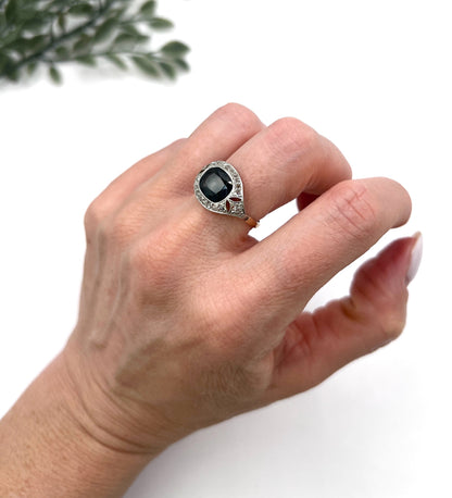 Antique 18ct Gold & Platinum, Edwardian Cushion Cut Sapphire and Diamond Ring