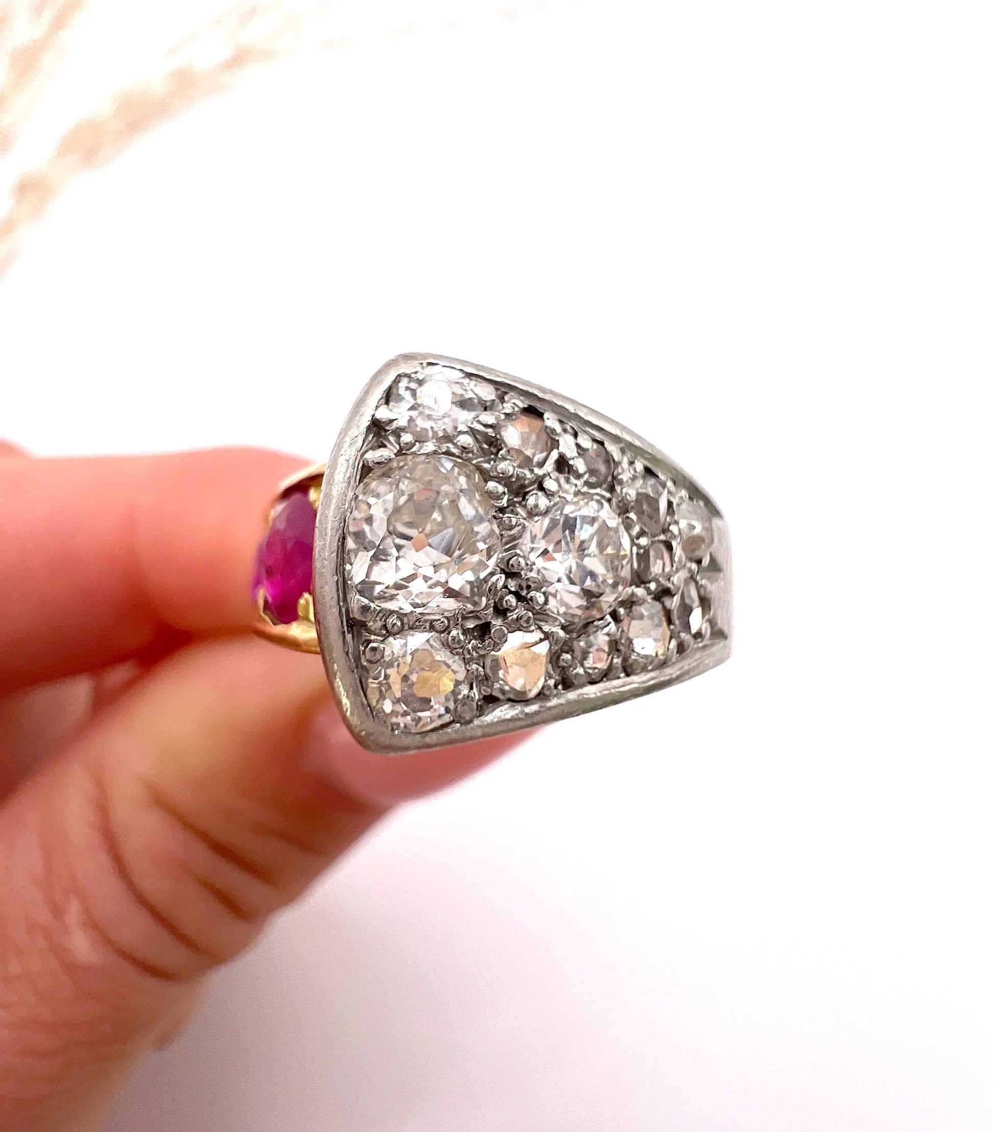 Antique French 18 Carat Gold, Platinum, Ruby and Diamond Buckle Ring