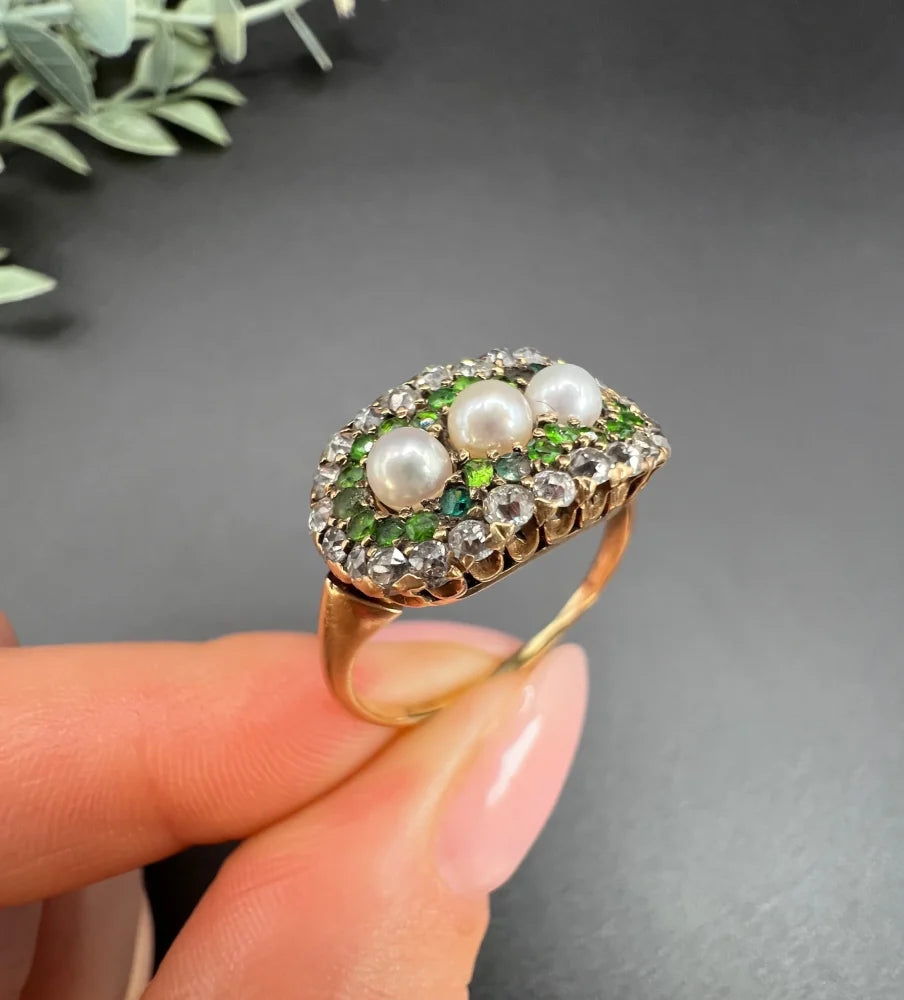 Antique Trilogy Cluster Ring In 18 Carat Yellow Gold With Gemstones