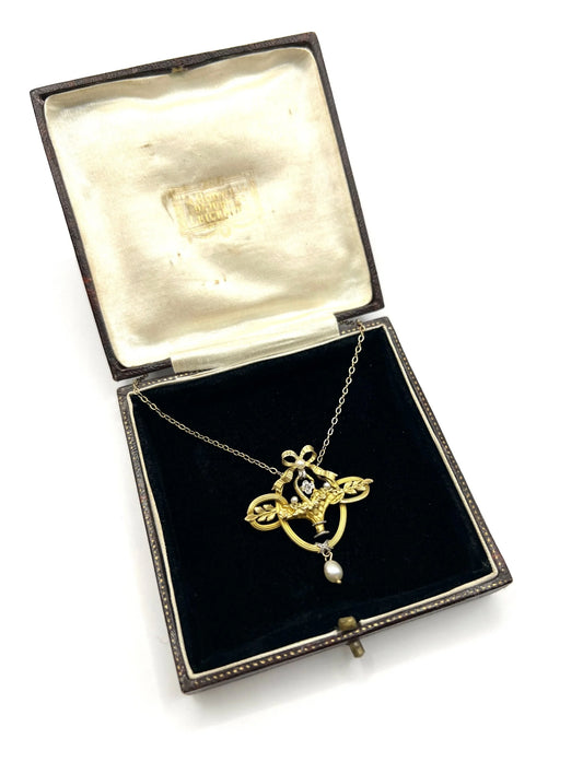 Antique 18ct Gold, Edwardian era Diamond & Seed Pearl Floral Basket Pendant Necklace