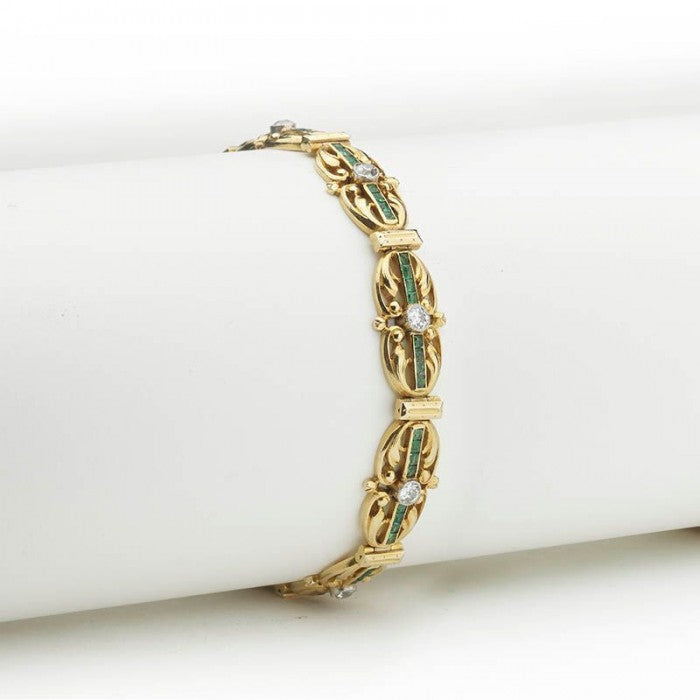 ANTIQUE ART NOUVEAU FRENCH EMERALD, DIAMOND AND GOLD BRACELET