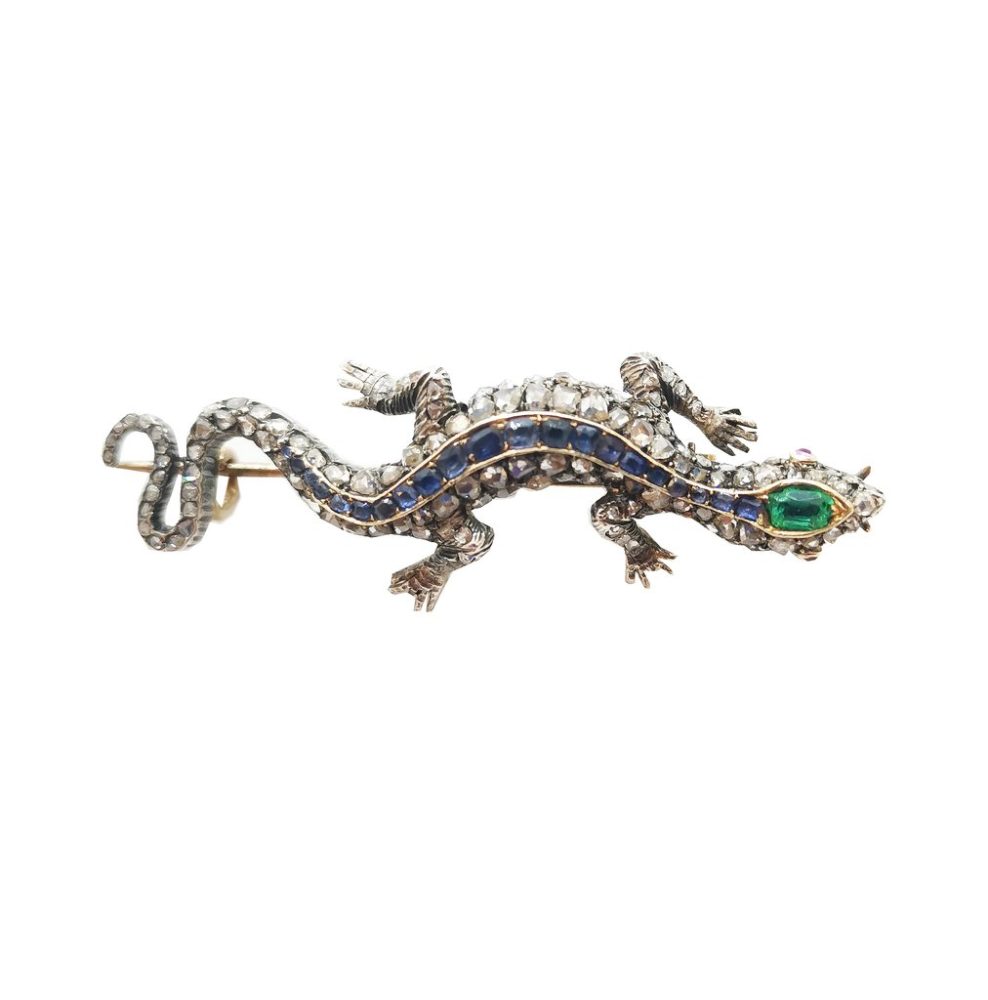 ANTIQUE EMERALD DIAMOND LIZARD BROOCH - CIRCA 1910 Sapphire emeralds and diamonds