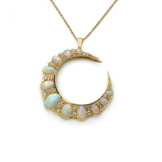 Antique Victorian Opal And Diamond Crescent Pendant, Circa 1888