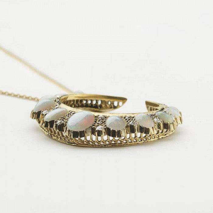 Antique Victorian Opal And Diamond Crescent Pendant, Circa 1888