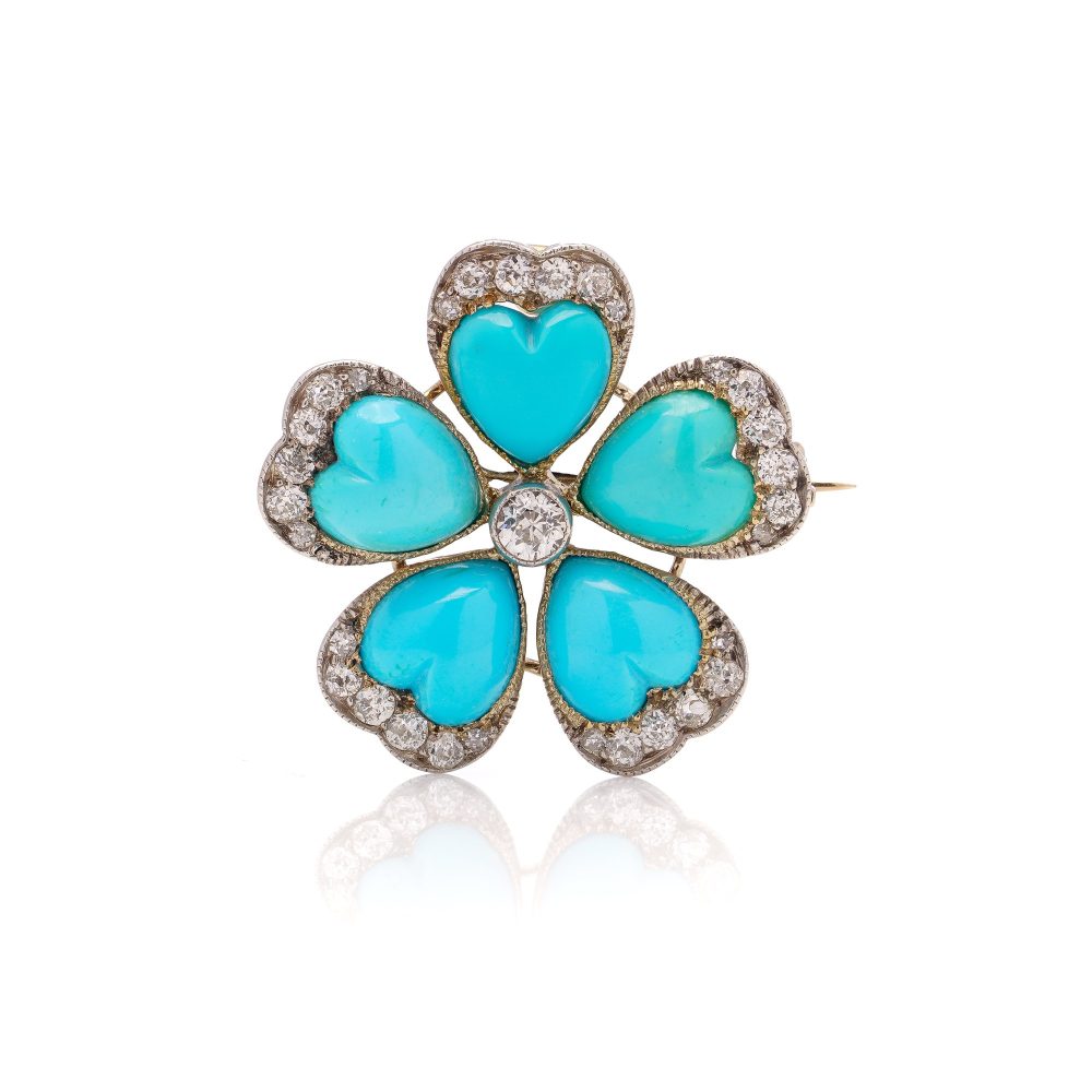 Victorian Antique Turquoise and Diamond Flower Brooch, heart shaped turquoise petals edged with old-cut diamonds arranged around central sparkling diamond in silver upon 9ct yellow gold. Circa 1890s