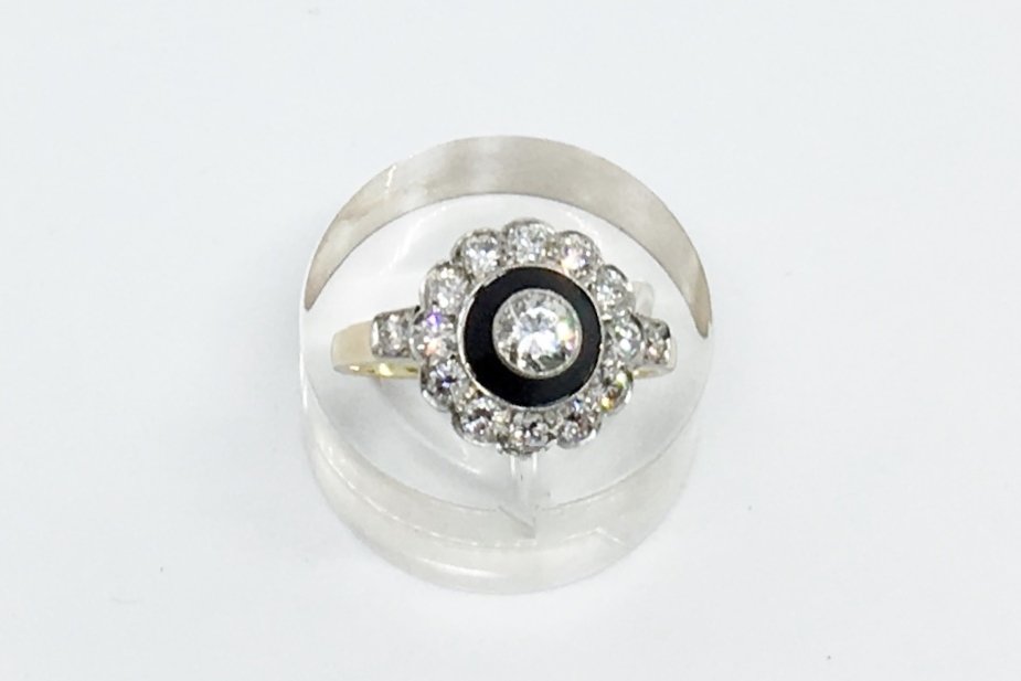 Antique Art Deco Onyx and Diamond Rosette Ring