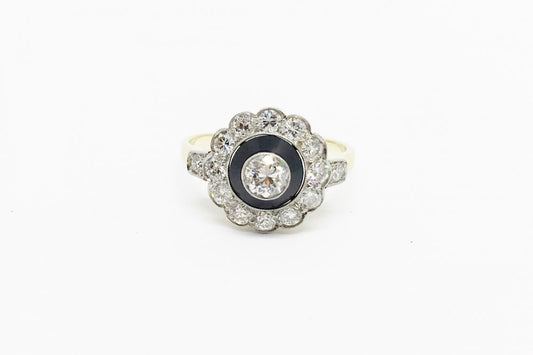 Antique Art Deco Onyx and Diamond Rosette Ring