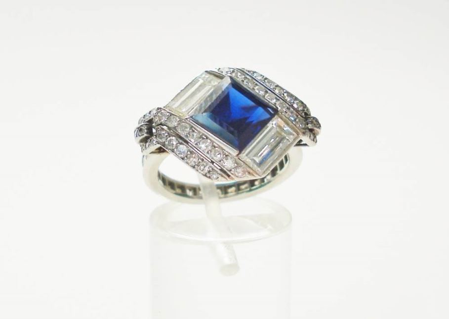 Vintage Square Cut Sapphire and Diamond Engagement Ring