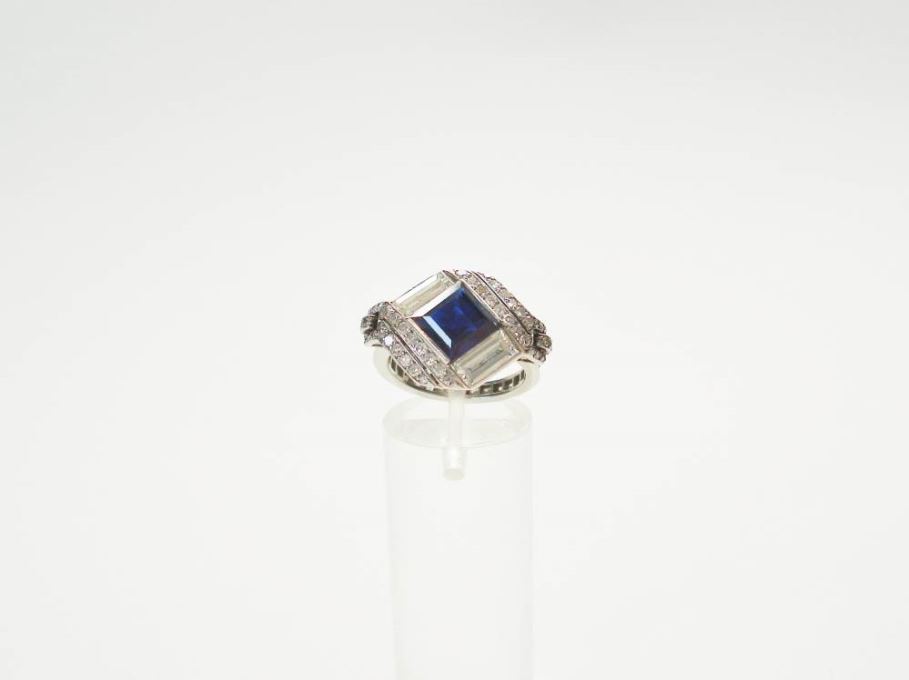 Vintage Square Cut Sapphire and Diamond Engagement Ring