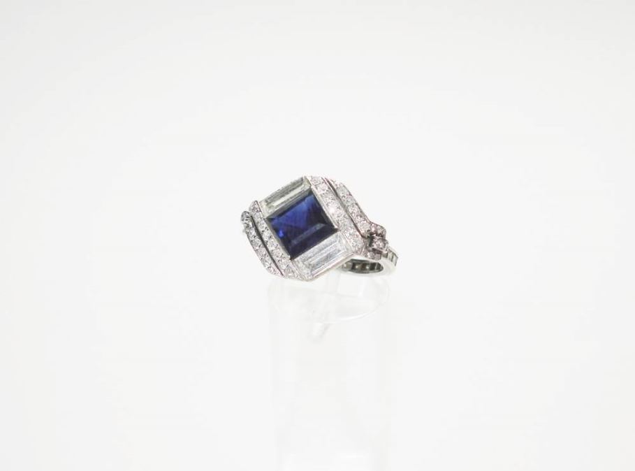 Vintage Square Cut Sapphire and Diamond Engagement Ring