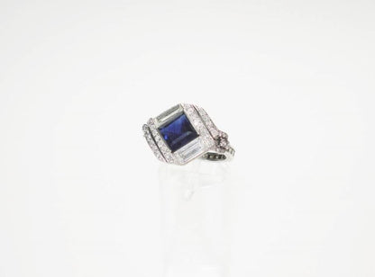 Vintage Square Cut Sapphire and Diamond Engagement Ring