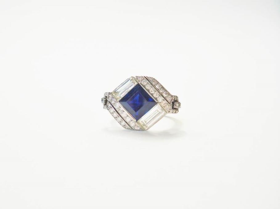 Vintage Square Cut Sapphire and Diamond Engagement Ring