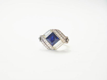 Vintage Square Cut Sapphire and Diamond Engagement Ring