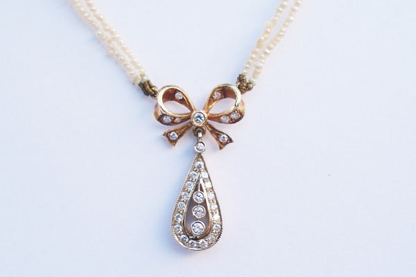 Antique Art Deco Diamond and Pearl Bow Pendant