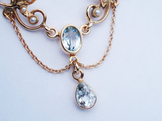 Art Nouveau Style Aquamarine and Pearl Pendant