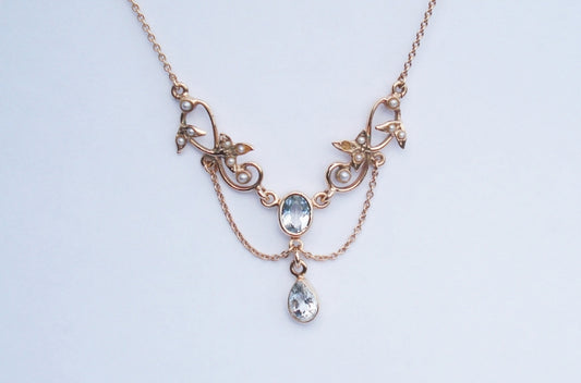 Art Nouveau Style Aquamarine and Pearl Pendant