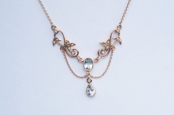 Art Nouveau Style Aquamarine and Pearl Pendant