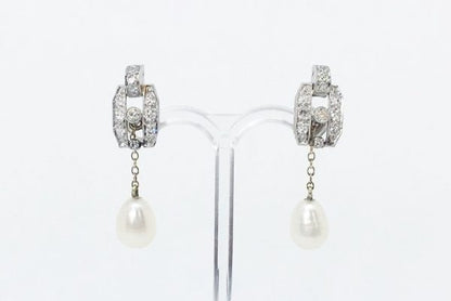 Antique Art Deco Brilliant Cut Diamond and Pearl Drop Earrings