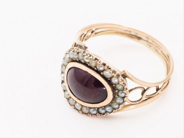 Antique Victorian Cabochon Garnet and Pearl Gold Ring, Circa 1880